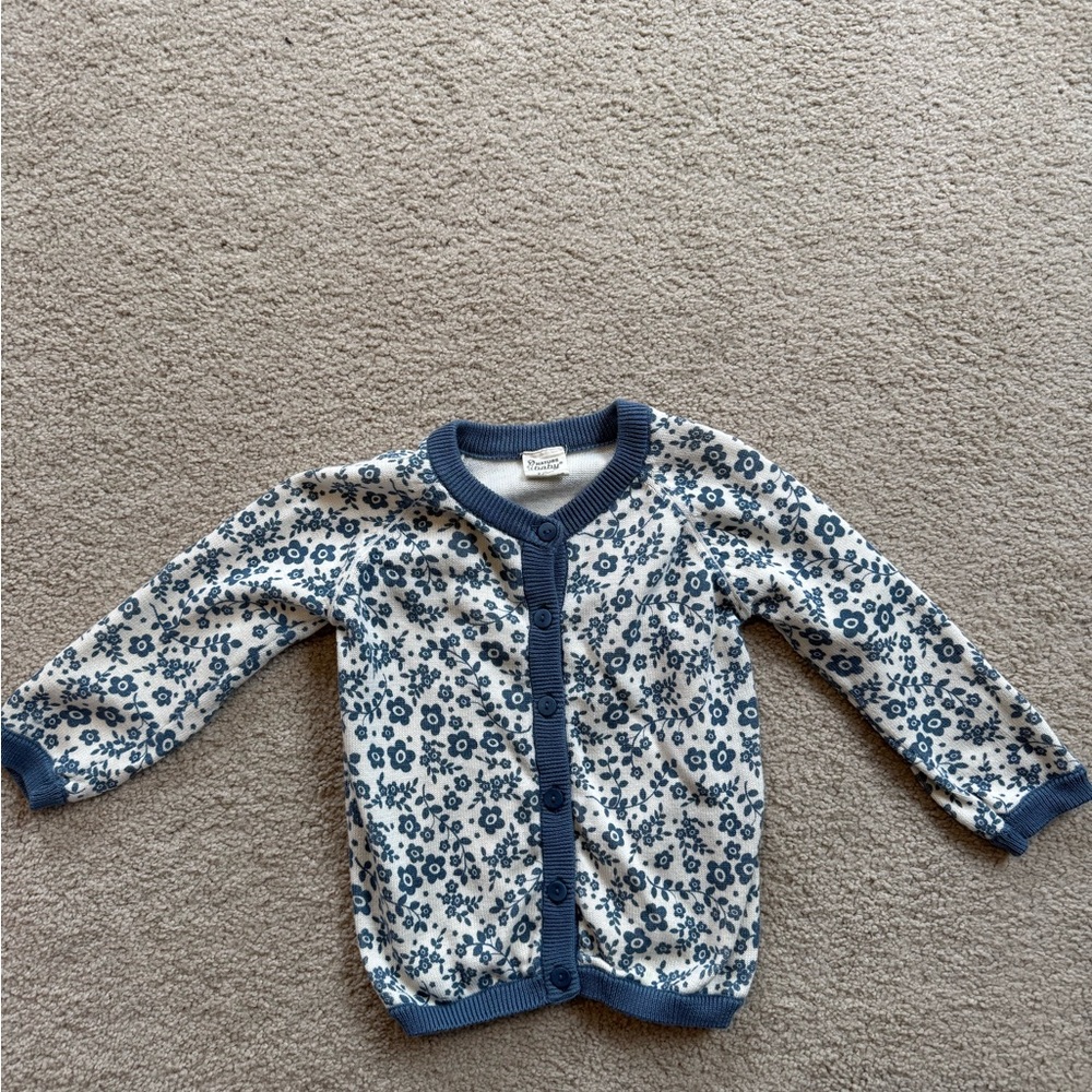 Nature Baby Floral Cardigan 2T Blue White Organic Cotton Button Front